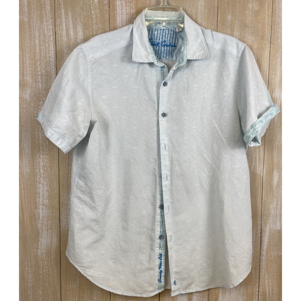 Robert Graham Mens L Linen Blend Button Down Shirt Size Light Blue Skull *FLAW